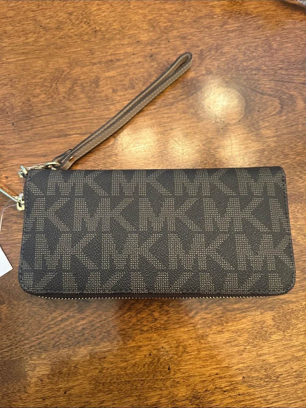Michael Kors Brown MK Logo Zip-Around Wristlet with Gold Plaque